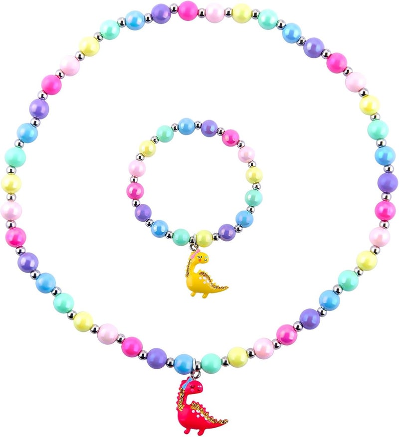 Niceup Cute Sparkling Dinosaur Necklace Bracelet Set for Little Girl Kids Pastel Play Dress-up Stretchy Beads Jewelry Accessories for Party Gift Bags Filler Stuffers - Image 1